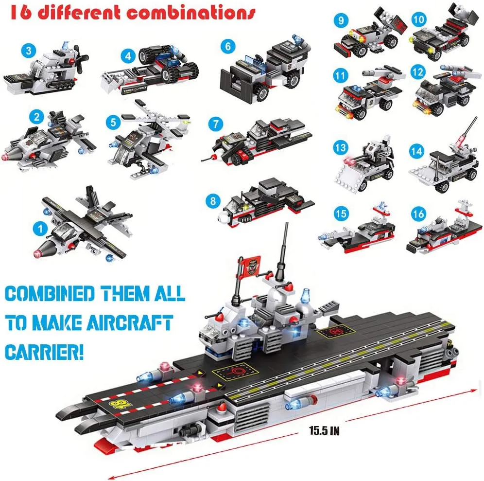 Liberty Imports 825pc Military Aircraft Carrier Fleet Construction Bricks Toy - 8-in-1 Naval Battleship Models with Navy Vehicles, Jets & More - Compatible with Major Brands - Storage Case Included
