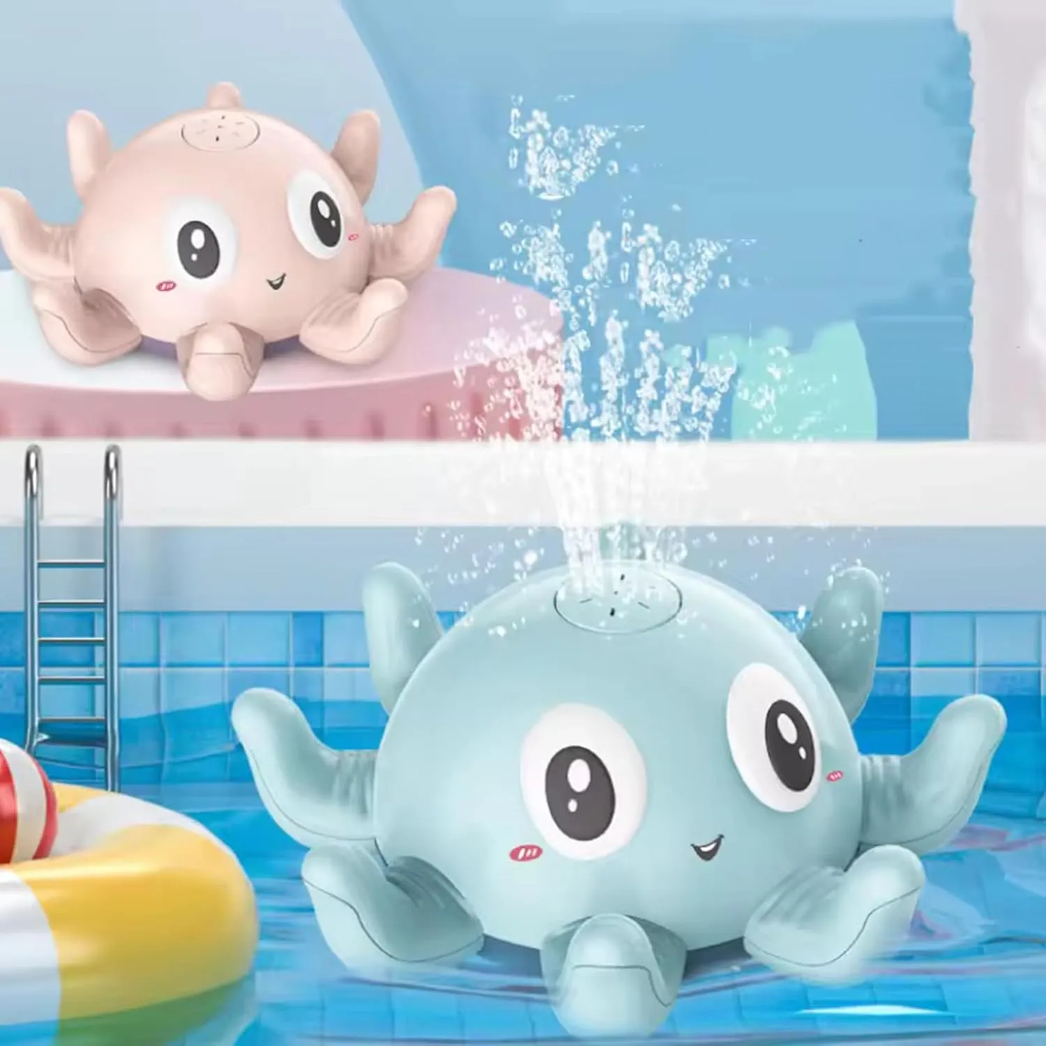 Light Up Octopus Sprinkler Baby Bath Toy with 4 Tossing Rings, Fountain Water Toy for Kid ,Bathtub Swimming Toys for Infant Baby Toddlers Newborn Boys Girls Birthday Gifts (Blue)