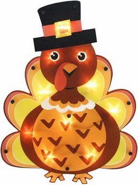 Lighted Thanksgiving Turkey with Pilgrim Hat Window 16" Decoration