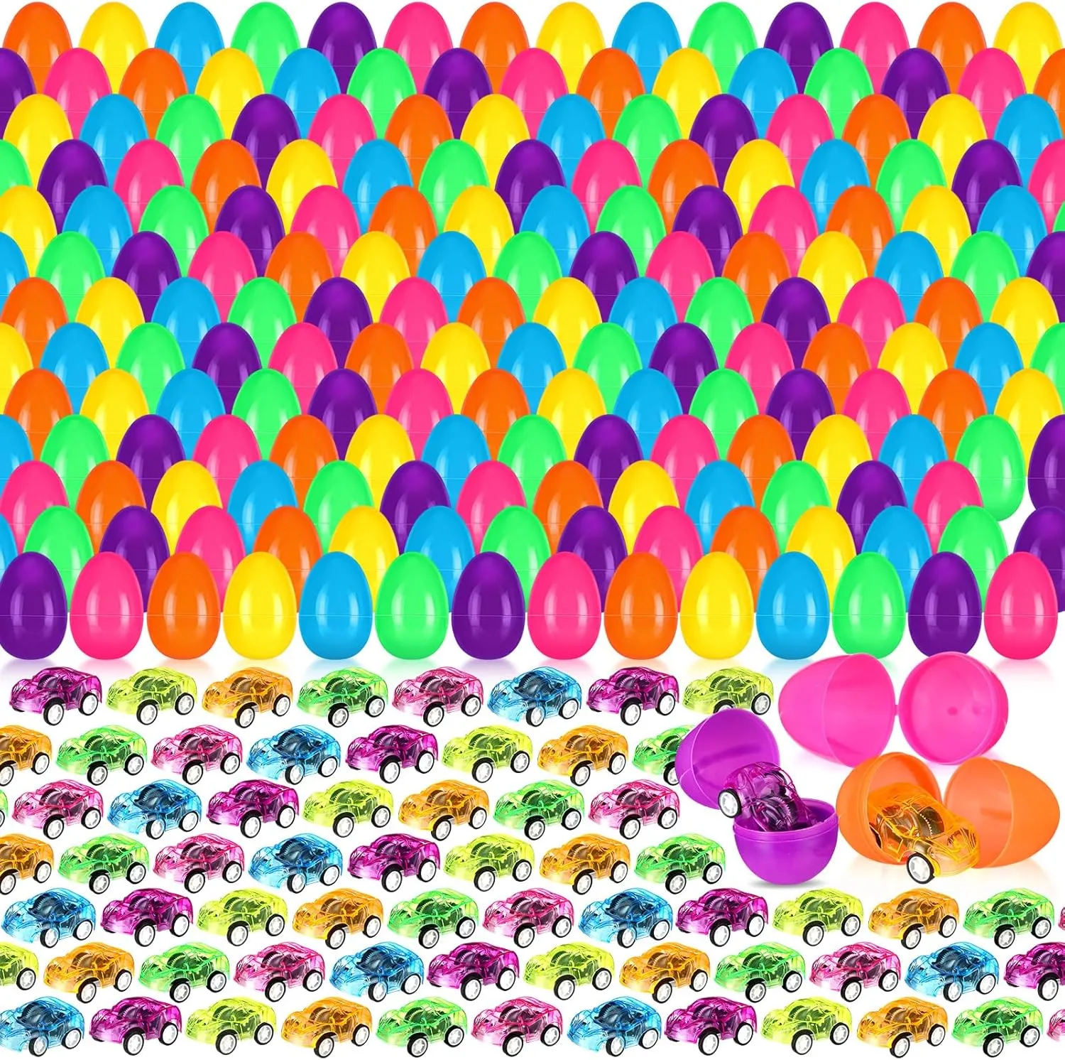 Liliful 300 Pcs Filled Easter Eggs with Mini Pull Back Cars Include 150 Pcs Mini Pull Back Cars and 150 Pcs Colorful Easter Egg Cars for Easter Basket Stuffers Easter Egg Fillers Goodie Bags Fillers