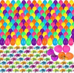 Liliful 300 Pcs Filled Easter Eggs with Mini Pull Back Cars Include 150 Pcs Mini Pull Back Cars and 150 Pcs Colorful Easter Egg Cars for Easter Basket Stuffers Easter Egg Fillers Goodie Bags Fillers