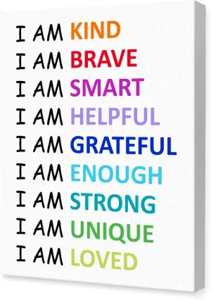 LISTNGBO Affirmations for Kids Canvas Wall Art,I Am Kind,Brave Motivational Quote Artwork Painting Prints Poster Ready to Hang for Kids Teens Classroom Nursery Read Room Wall Decor,12x15 Inch