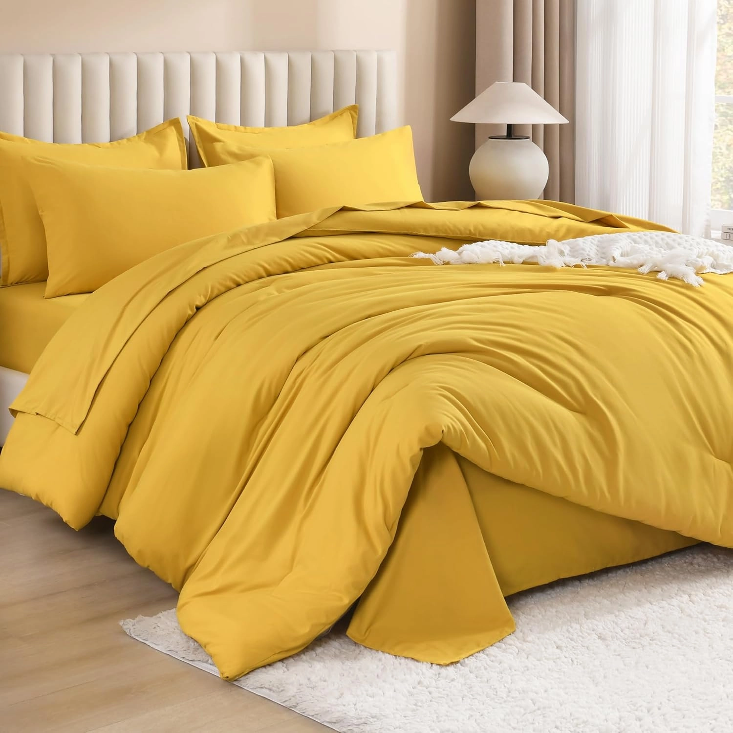 Litanika Comforter Full Size Set Mustard Yellow - 7 Pieces Bed in a Bag Full Beddding Comforter Sets, Plain Lightweight Bed Set with Comforter, Sheets, Pillowcases & Shams
