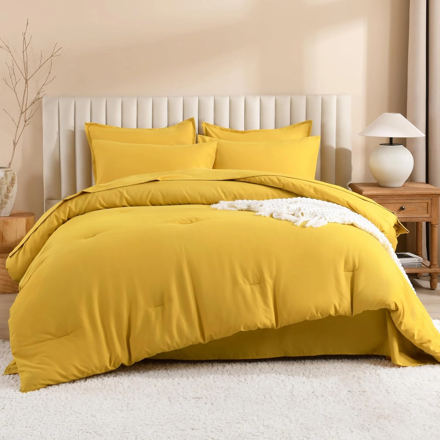 Litanika Comforter Full Size Set Mustard Yellow - 7 Pieces Bed in a Bag Full Beddding Comforter Sets, Plain Lightweight Bed Set with Comforter, Sheets, Pillowcases & Shams