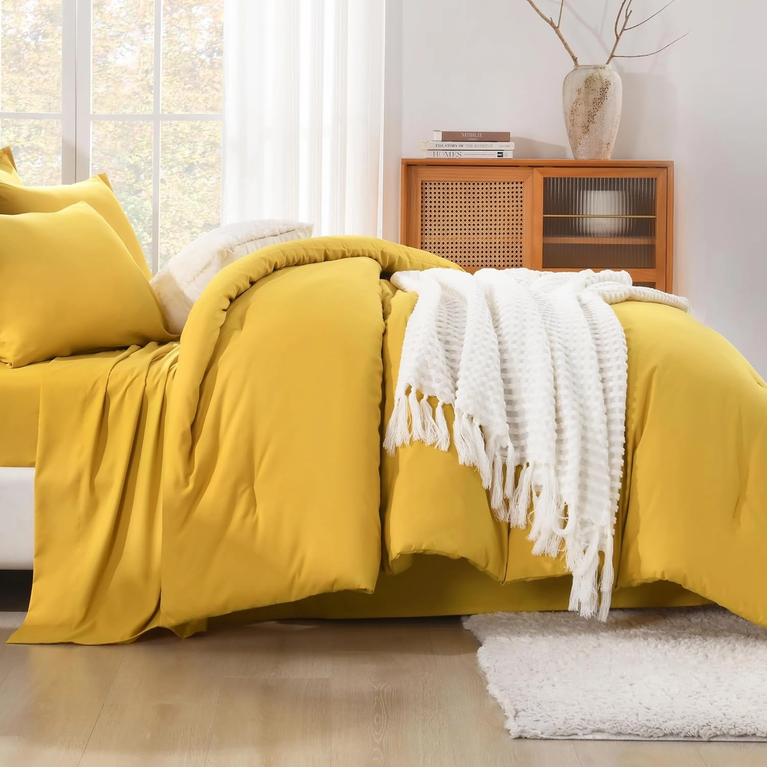 Litanika Comforter Full Size Set Mustard Yellow - 7 Pieces Bed in a Bag Full Beddding Comforter Sets, Plain Lightweight Bed Set with Comforter, Sheets, Pillowcases & Shams
