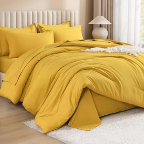 Litanika Comforter Full Size Set Mustard Yellow - 7 Pieces Bed in a Bag Full Beddding Comforter Sets, Plain Lightweight Bed Set with Comforter, Sheets, Pillowcases & Shams