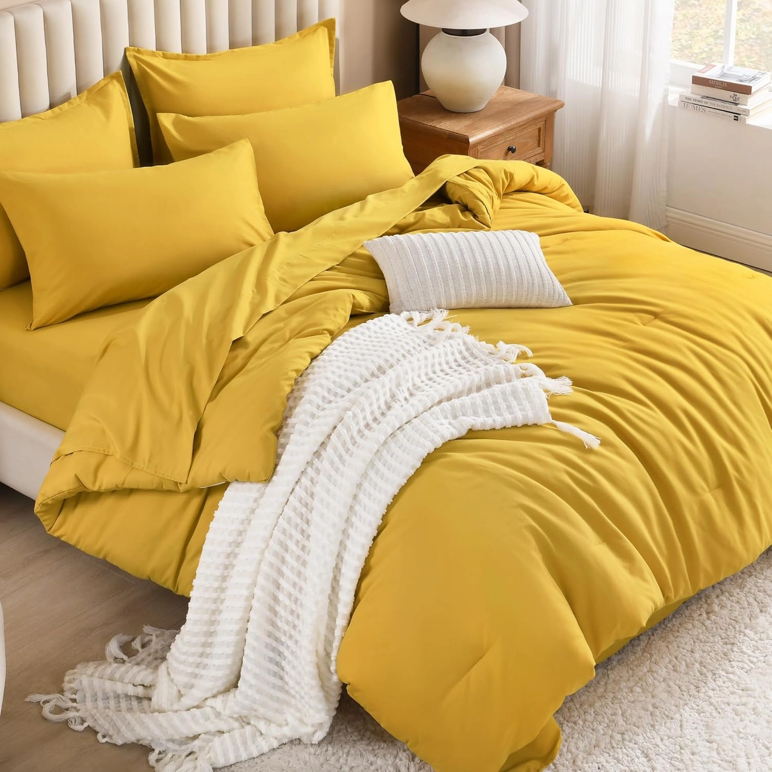Litanika Comforter Full Size Set Mustard Yellow - 7 Pieces Bed in a Bag Full Beddding Comforter Sets, Plain Lightweight Bed Set with Comforter, Sheets, Pillowcases & Shams