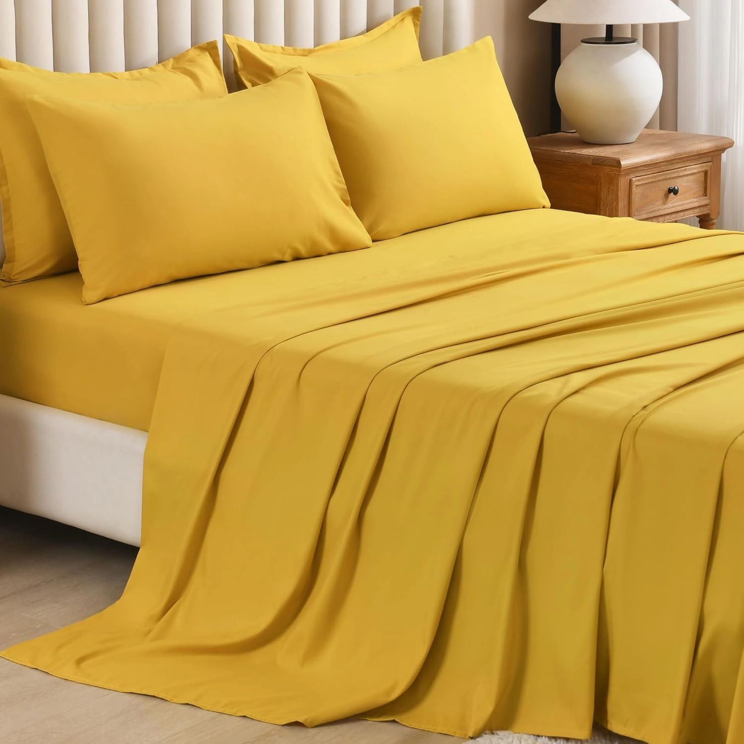 Litanika Comforter Full Size Set Mustard Yellow - 7 Pieces Bed in a Bag Full Beddding Comforter Sets, Plain Lightweight Bed Set with Comforter, Sheets, Pillowcases & Shams