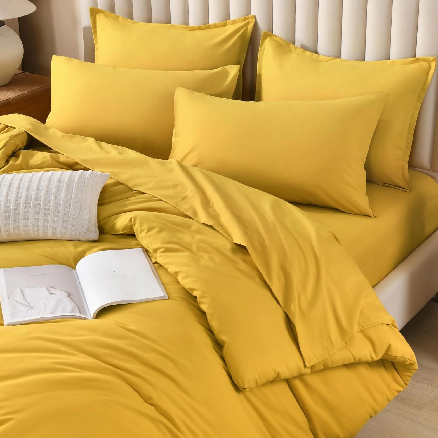 Litanika Comforter Full Size Set Mustard Yellow - 7 Pieces Bed in a Bag Full Beddding Comforter Sets, Plain Lightweight Bed Set with Comforter, Sheets, Pillowcases & Shams