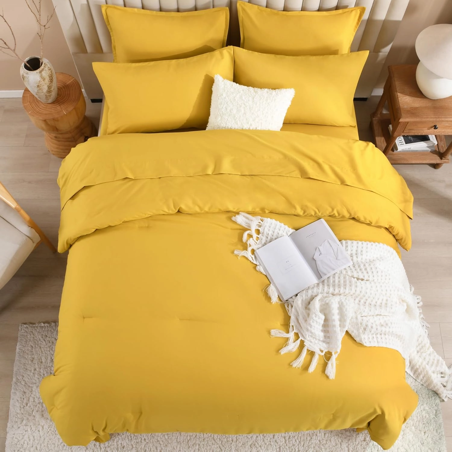 Litanika Comforter Full Size Set Mustard Yellow - 7 Pieces Bed in a Bag Full Beddding Comforter Sets, Plain Lightweight Bed Set with Comforter, Sheets, Pillowcases & Shams