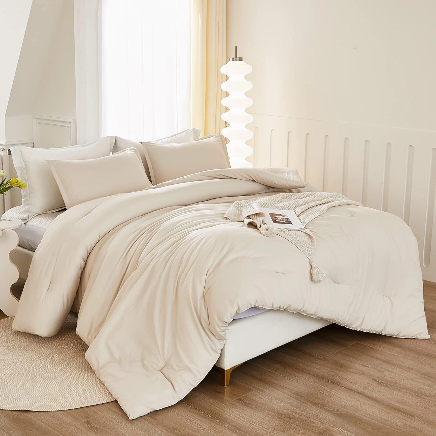 Litanika Comforter King Size Beige, 3 Pieces Lightweight Bedding Comforter Set, Down Alternative Comforter All Season Fluffy Bed Set Gift Choice