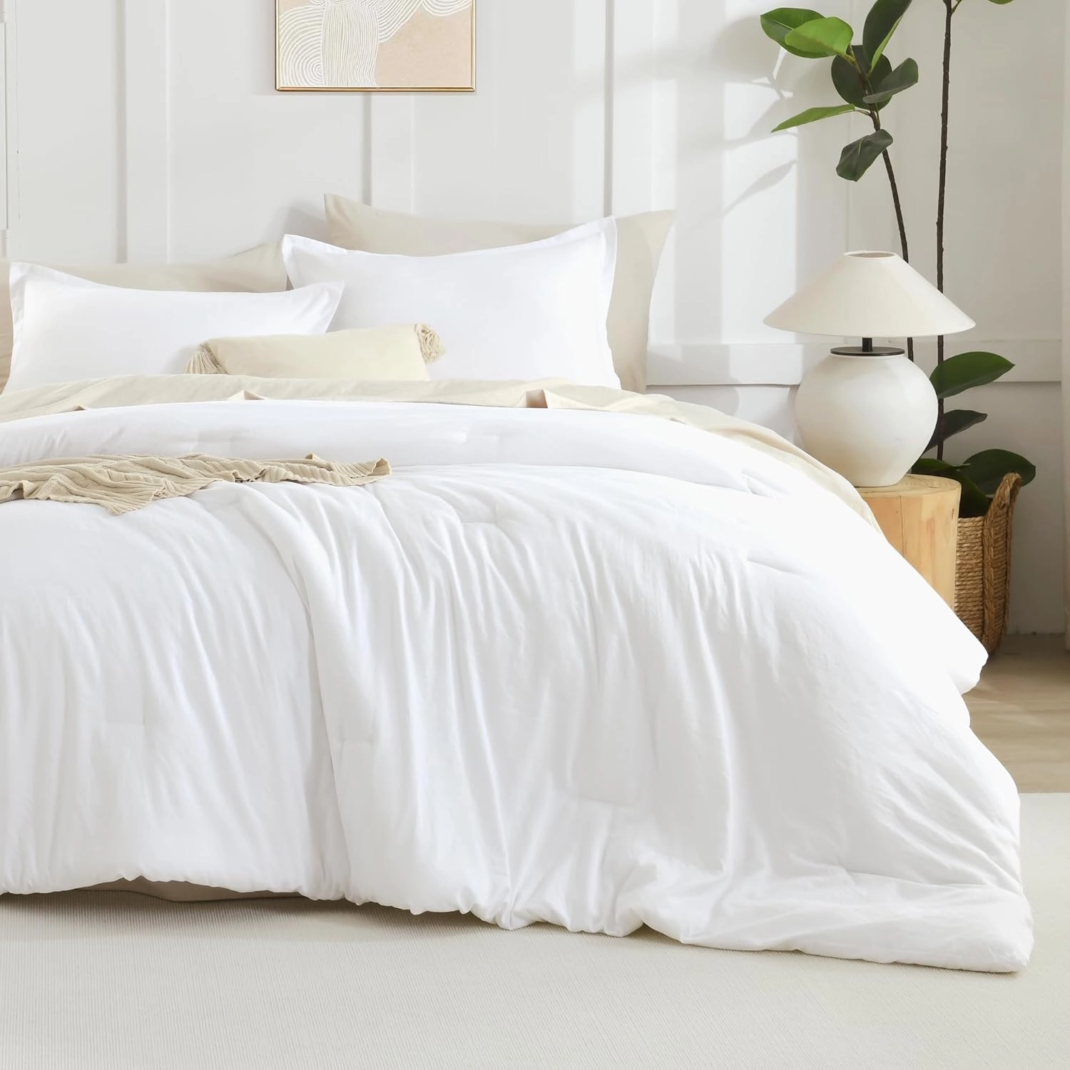 Litanika White Comforter King Size, 3 Pieces Lightweight Solid Bedding Comforter Set, All Season Fluffy Bed Set (104x90In Comforter & 2 Pillowcases)