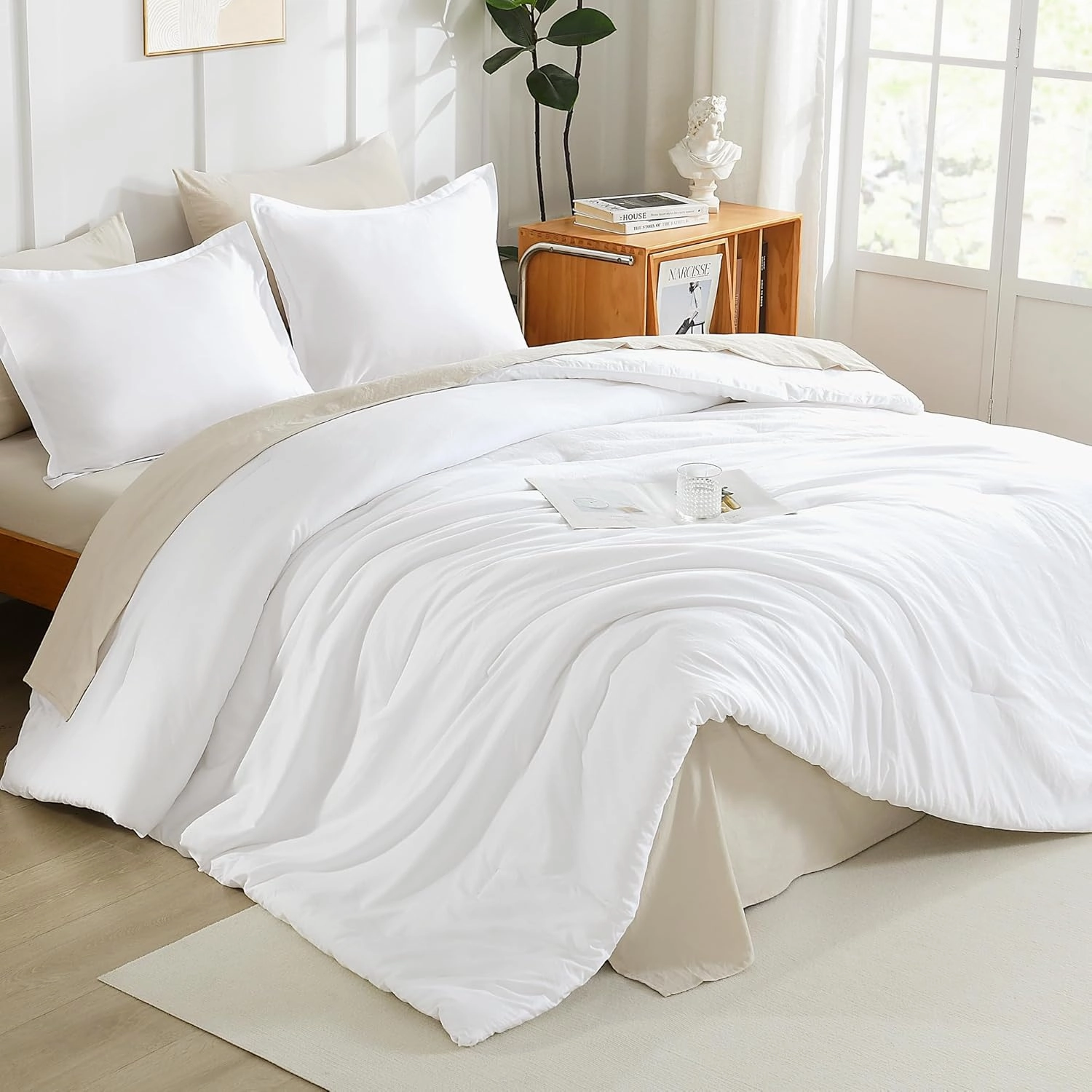 Litanika White Comforter King Size, 3 Pieces Lightweight Solid Bedding Comforter Set, All Season Fluffy Bed Set (104x90In Comforter & 2 Pillowcases)