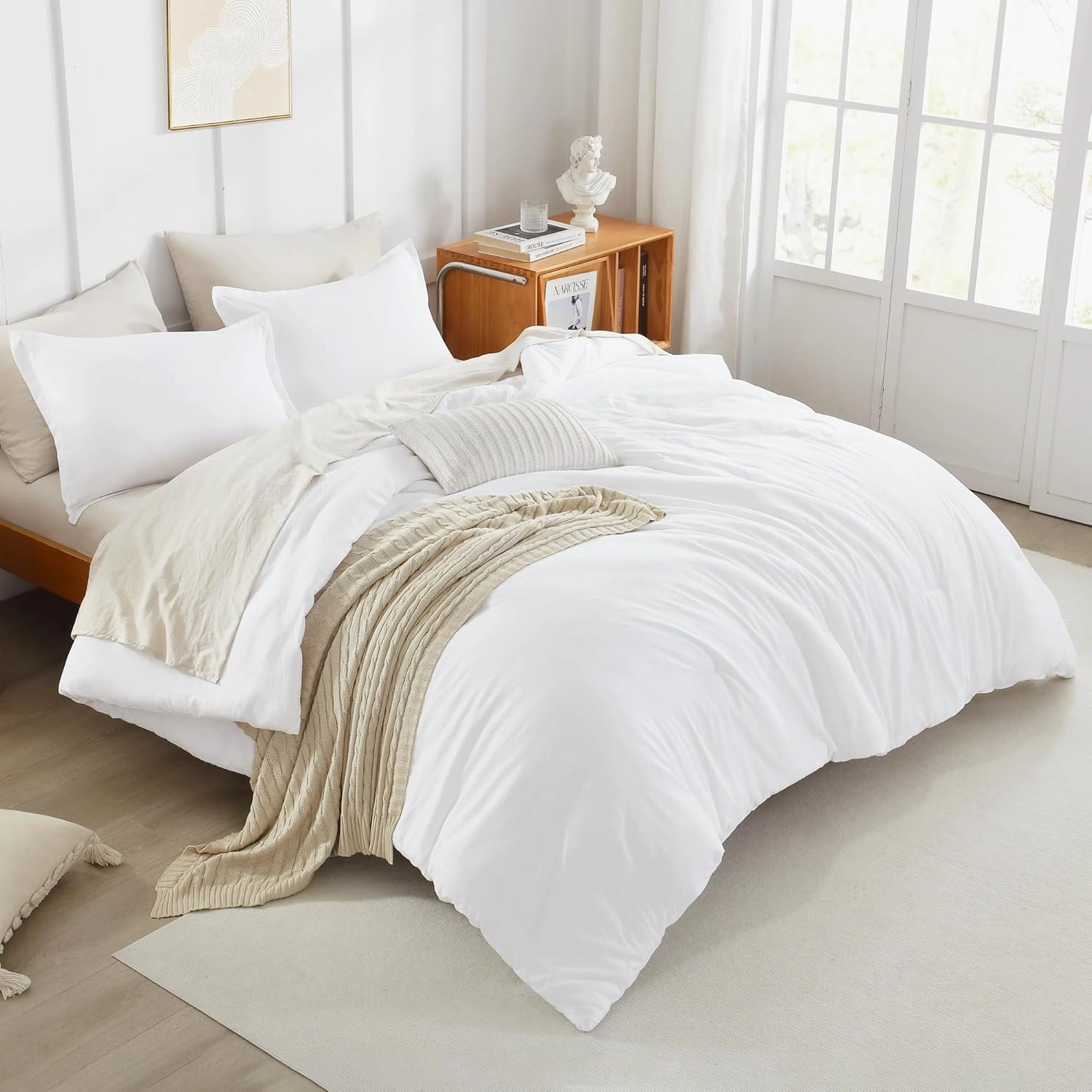 Litanika White Comforter King Size, 3 Pieces Lightweight Solid Bedding Comforter Set, All Season Fluffy Bed Set (104x90In Comforter & 2 Pillowcases)