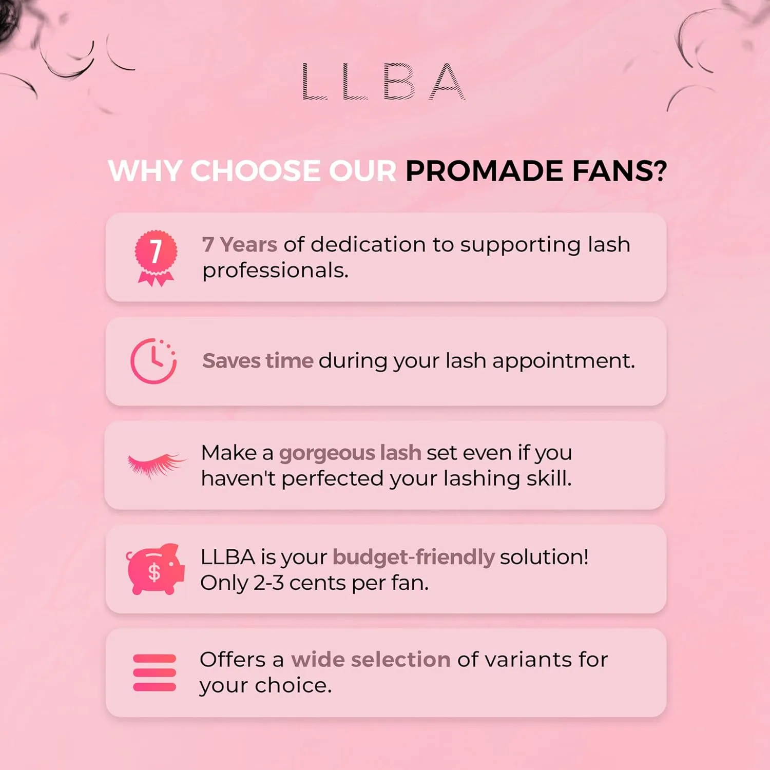 LLBA Promade Fans | Handmade Volume Eyelashes | Multi Selections From 3D To 16D | C CC D DD L M Curl | Thickness 0.03 ~ 0.1 mm | 8 - 20mm Length | Long Lasting | Easy Application (5D-0.05 C 10 mm)