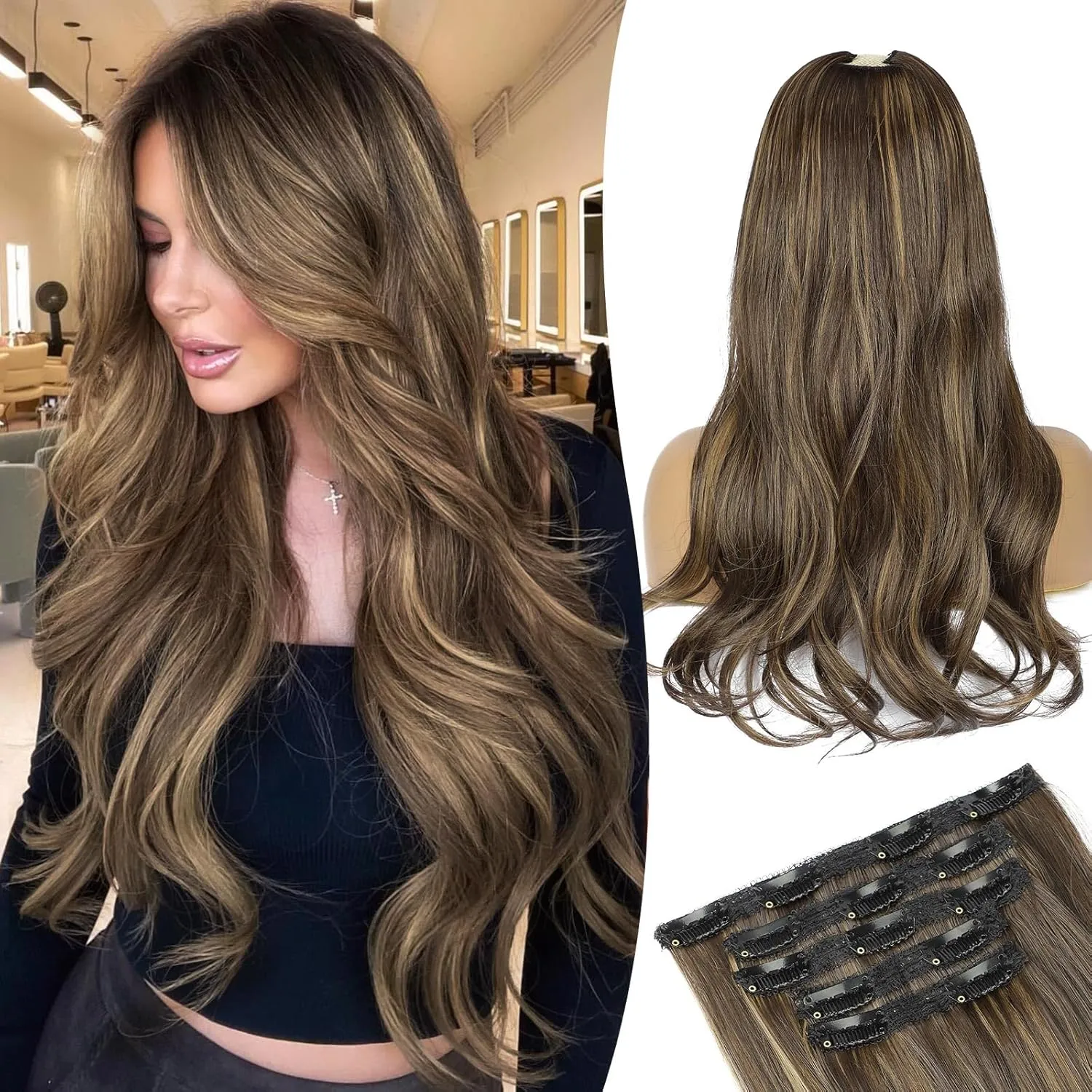 Lommel Clip-in Hair Extensions, 5PCS 20 Inch Synthetic Thick Long Straight Layered Hair Extensions with Invisible Lace Weft for Women (Brown with Blonde Highlights)