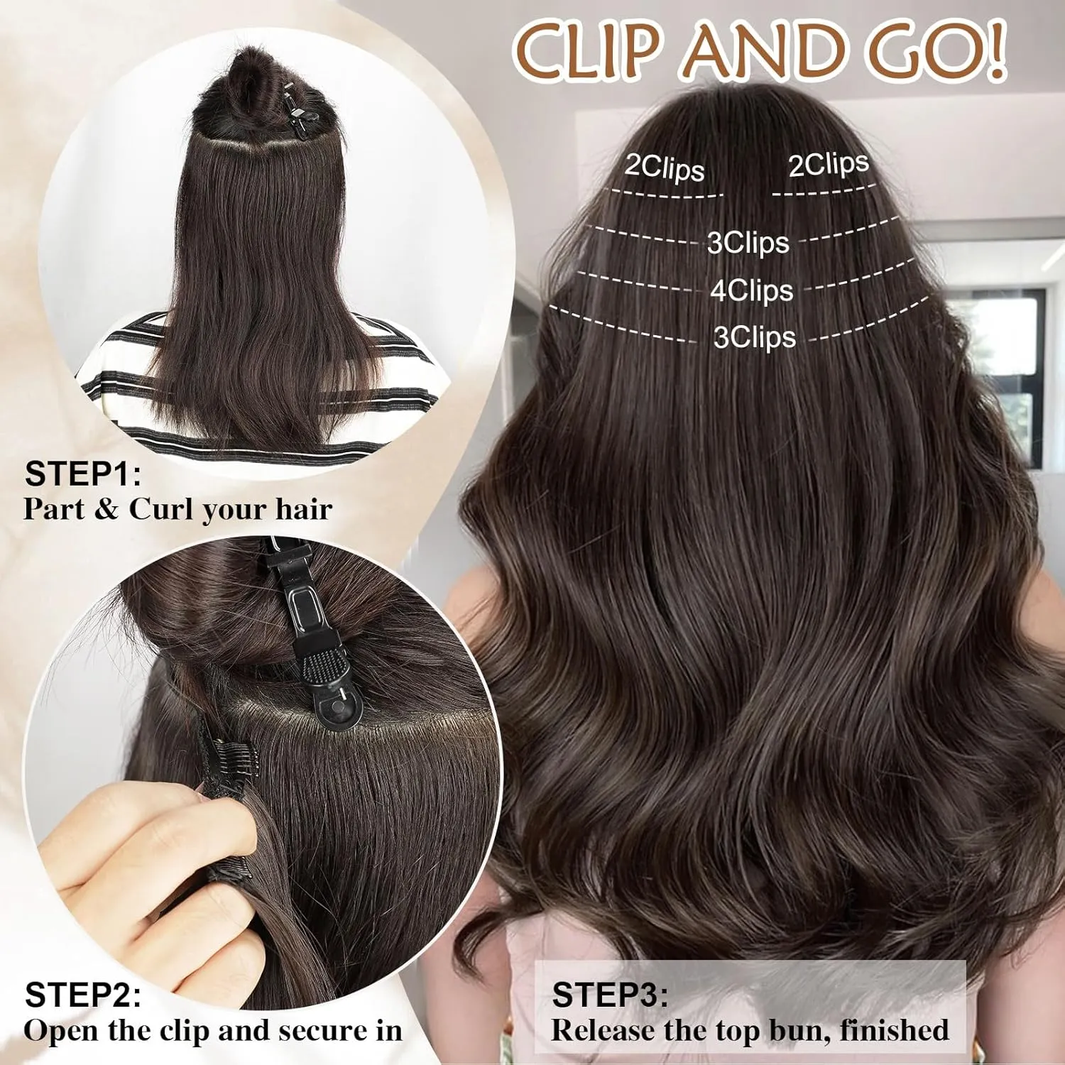 Lommel Clip-in Hair Extensions, 5PCS 20 Inch Synthetic Thick Long Straight Layered Hair Extensions with Invisible Lace Weft for Women (Brown with Blonde Highlights)