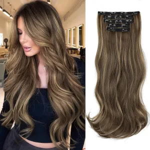 Lommel Clip-in Hair Extensions, 5PCS 20 Inch Synthetic Thick Long Straight Layered Hair Extensions with Invisible Lace Weft for Women (Brown with Blonde Highlights)