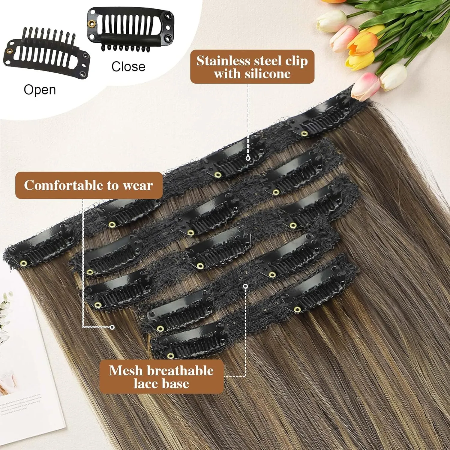 Lommel Clip-in Hair Extensions, 5PCS 20 Inch Synthetic Thick Long Straight Layered Hair Extensions with Invisible Lace Weft for Women (Brown with Blonde Highlights)