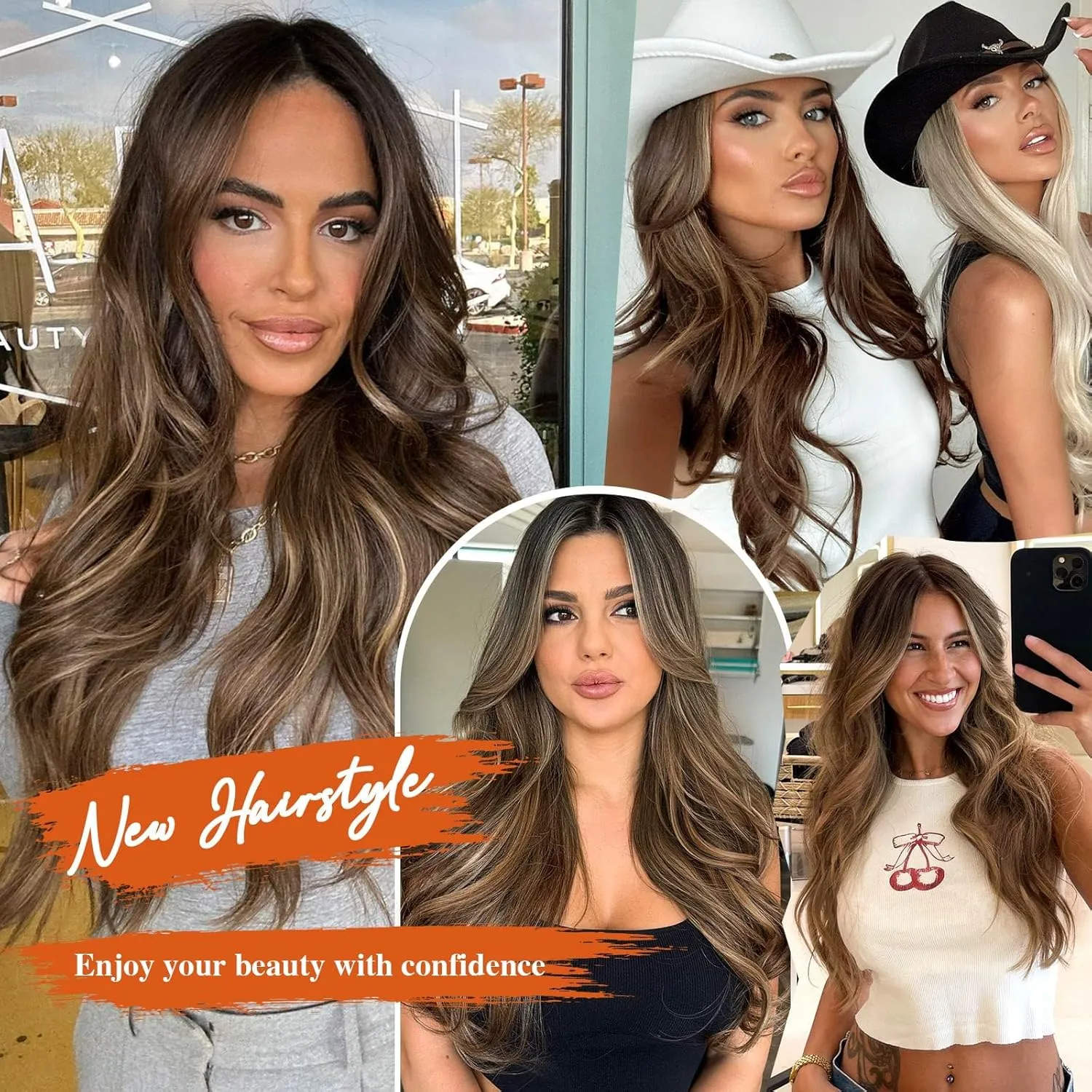 Lommel Clip-in Hair Extensions, 5PCS 20 Inch Synthetic Thick Long Straight Layered Hair Extensions with Invisible Lace Weft for Women (Brown with Blonde Highlights)