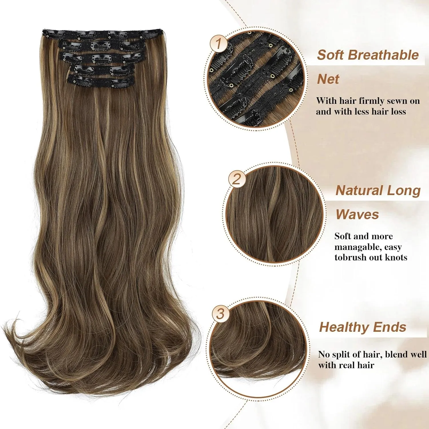 Lommel Clip-in Hair Extensions, 5PCS 20 Inch Synthetic Thick Long Straight Layered Hair Extensions with Invisible Lace Weft for Women (Brown with Blonde Highlights)