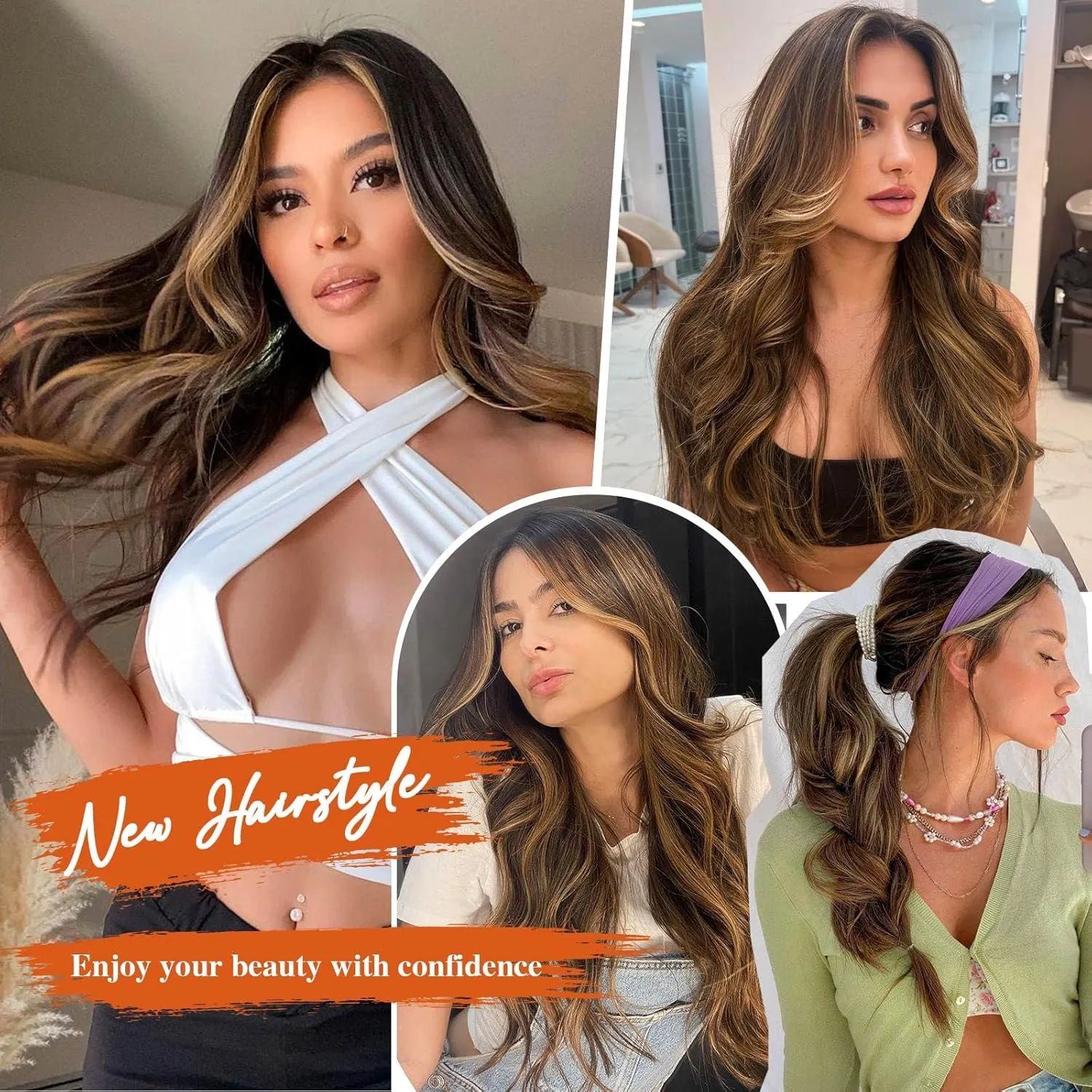 Lommel Clip-in Hair Extensions, 5PCS Balayage Dark Brown to Gold Blonde, 20 Inch Synthetic Thick Long Straight Layered Hair Extensions, Invisible Lace Weft