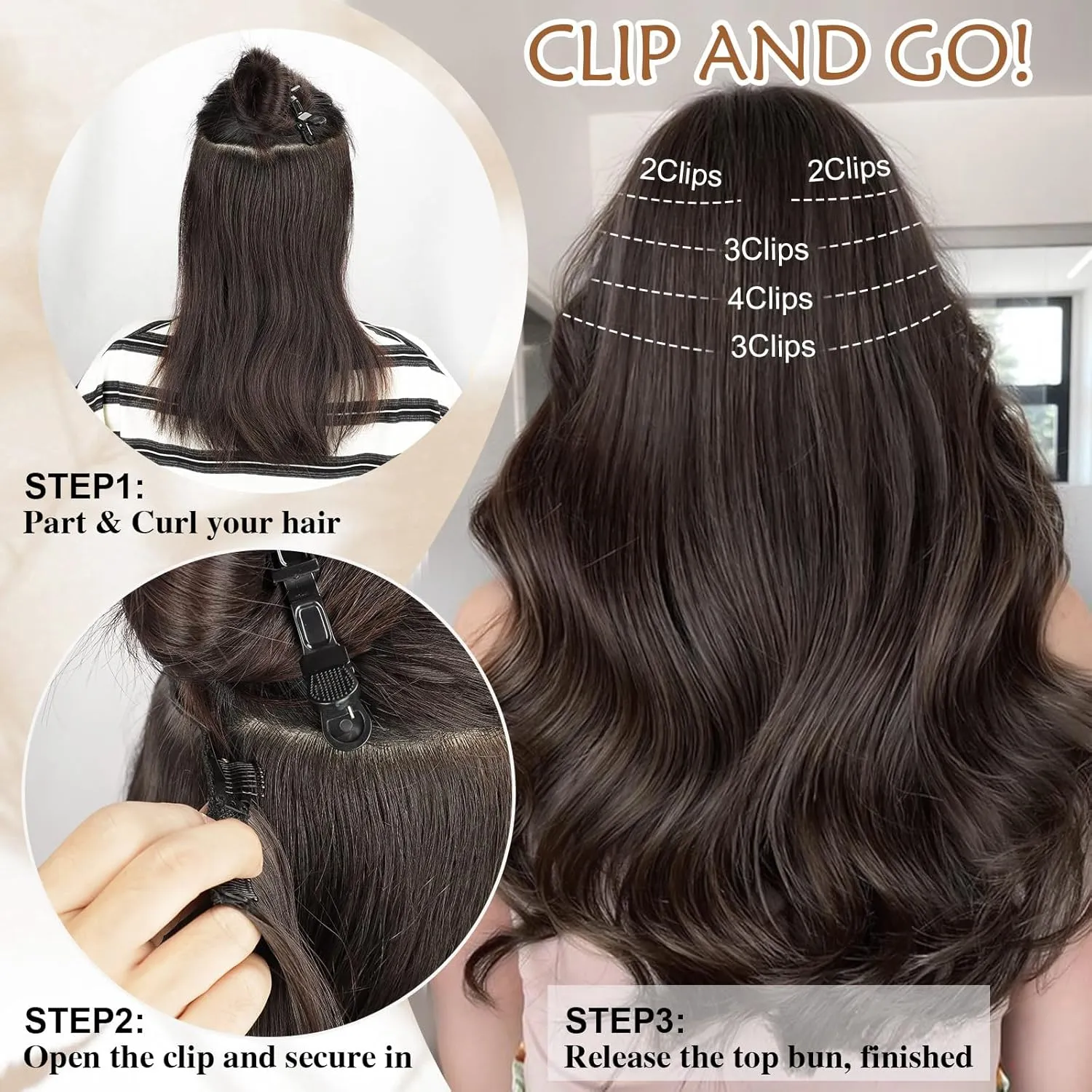 Lommel Clip-in Hair Extensions, 5PCS Balayage Dark Brown to Gold Blonde, 20 Inch Synthetic Thick Long Straight Layered Hair Extensions, Invisible Lace Weft