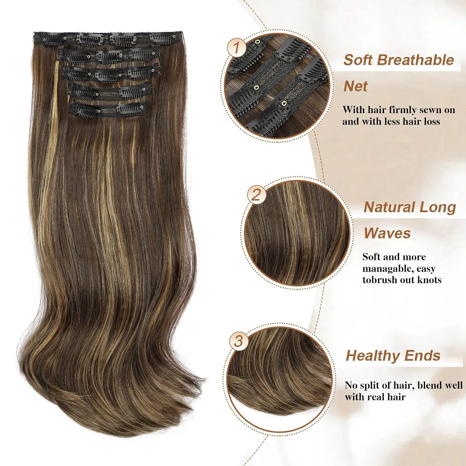 Lommel Clip-in Hair Extensions, 5PCS Balayage Dark Brown to Gold Blonde, 20 Inch Synthetic Thick Long Straight Layered Hair Extensions, Invisible Lace Weft