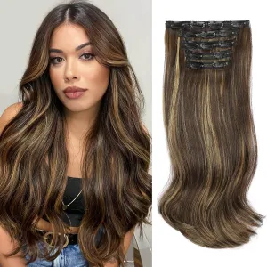 Lommel Clip-in Hair Extensions, 5PCS Balayage Dark Brown to Gold Blonde, 20 Inch Synthetic Thick Long Straight Layered Hair Extensions, Invisible Lace Weft