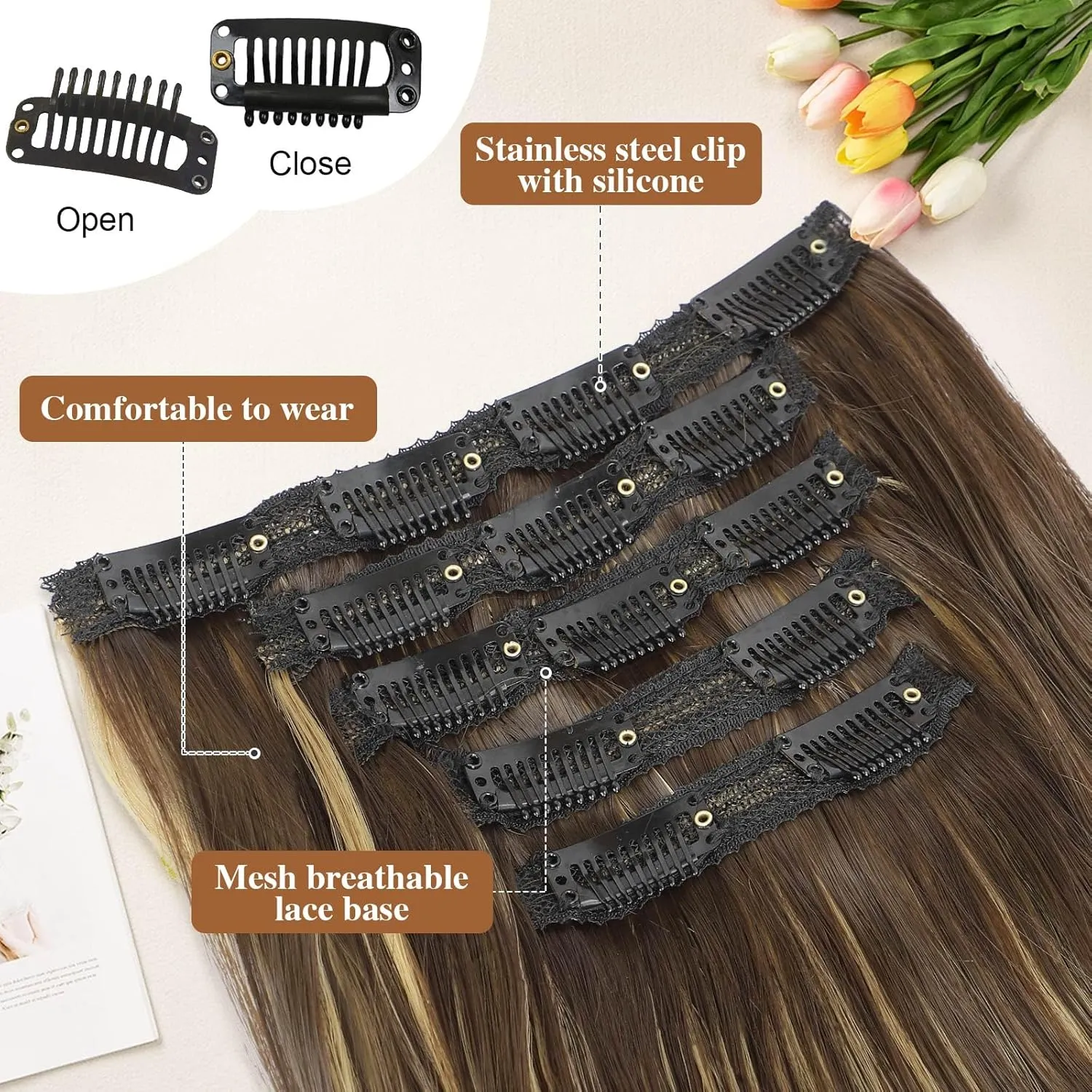 Lommel Clip-in Hair Extensions, 5PCS Balayage Dark Brown to Gold Blonde, 20 Inch Synthetic Thick Long Straight Layered Hair Extensions, Invisible Lace Weft