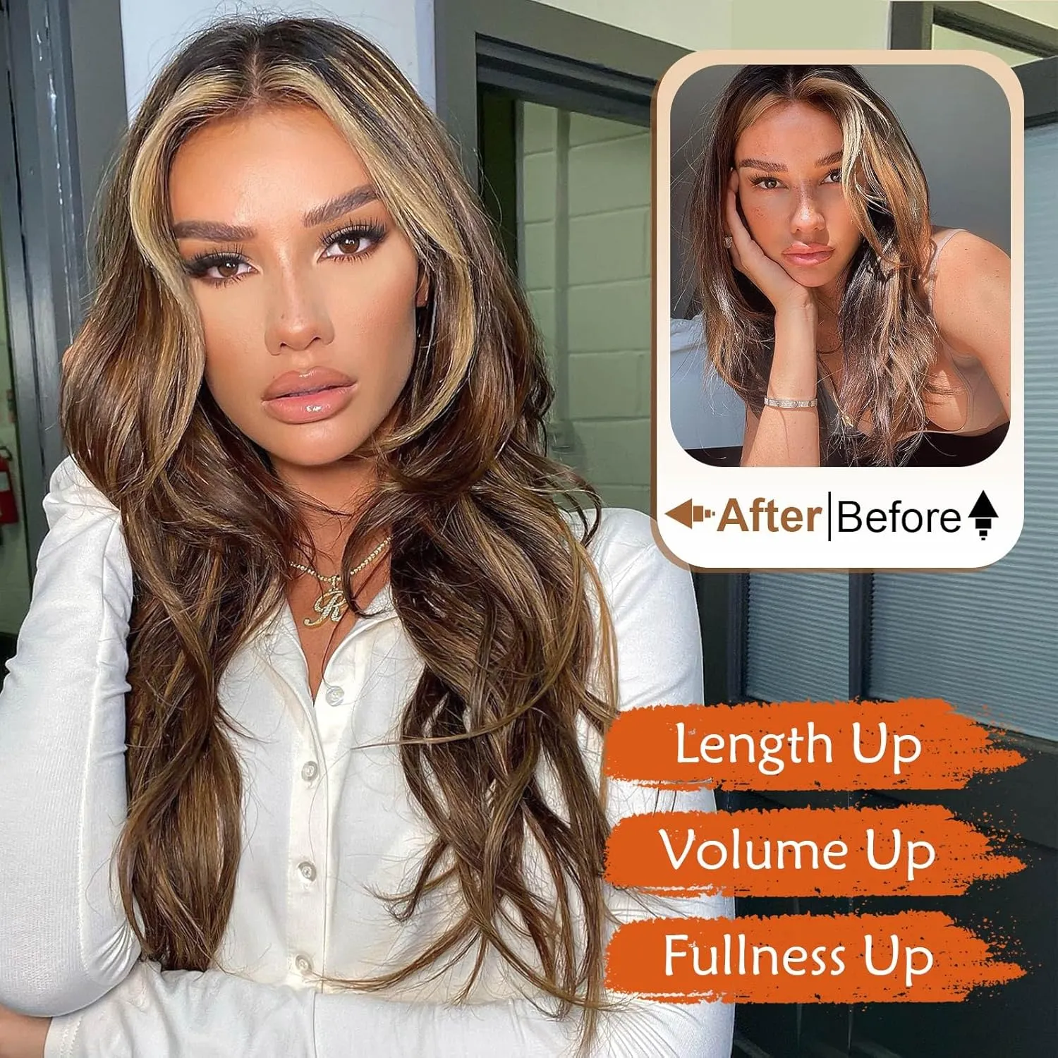 Lommel Clip-in Hair Extensions, 5PCS Balayage Dark Brown to Gold Blonde, 20 Inch Synthetic Thick Long Straight Layered Hair Extensions, Invisible Lace Weft