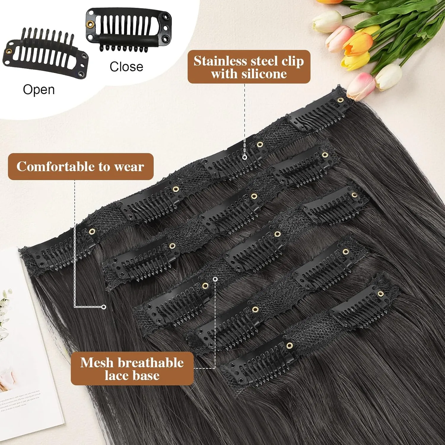 Lommel Clip-in Hair Extensions, 5PCS Black Brown Synthetic Thick Long Straight Layered Hair Extensions with Invisible Lace Weft for Women