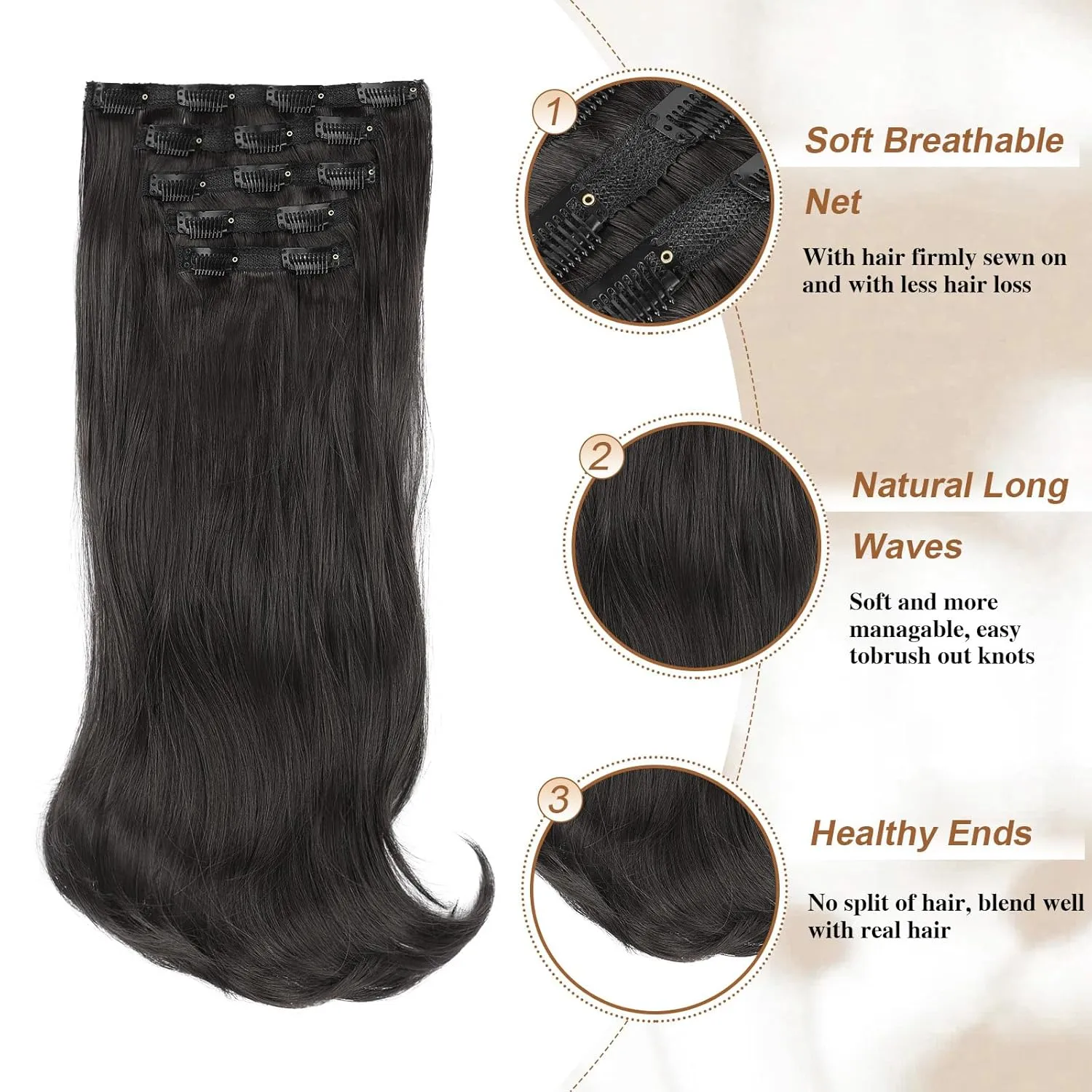 Lommel Clip-in Hair Extensions, 5PCS Black Brown Synthetic Thick Long Straight Layered Hair Extensions with Invisible Lace Weft for Women