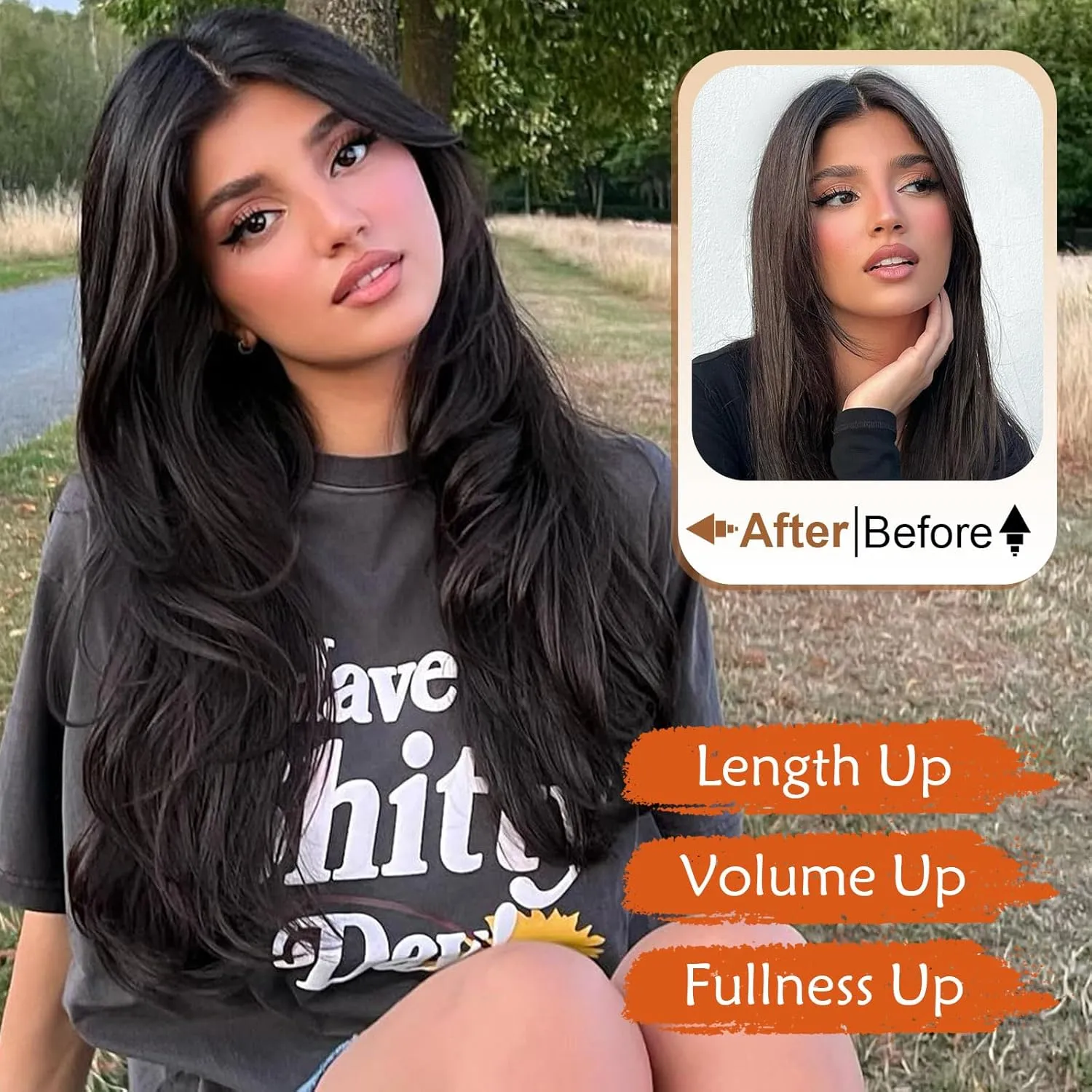 Lommel Clip-in Hair Extensions, 5PCS Black Brown Synthetic Thick Long Straight Layered Hair Extensions with Invisible Lace Weft for Women