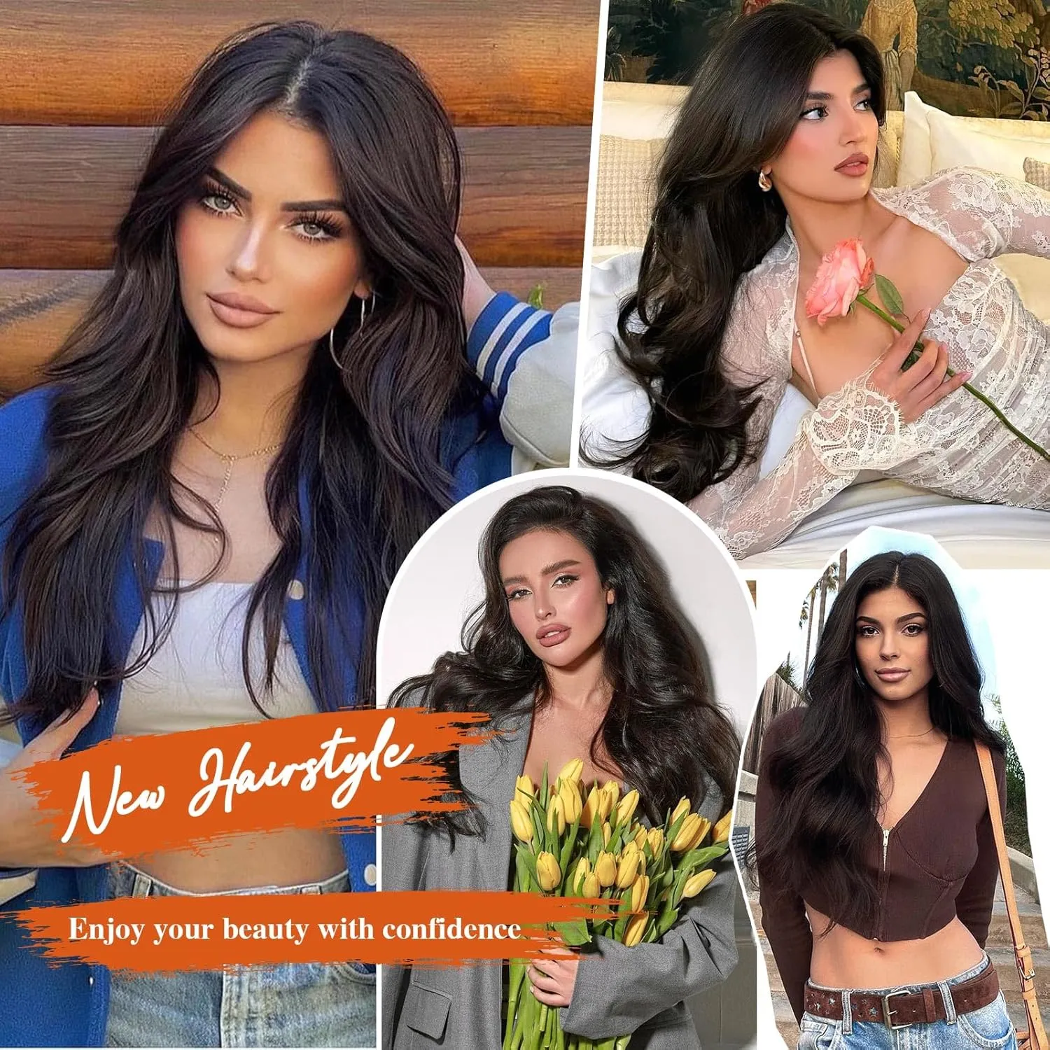 Lommel Clip-in Hair Extensions, 5PCS Black Brown Synthetic Thick Long Straight Layered Hair Extensions with Invisible Lace Weft for Women