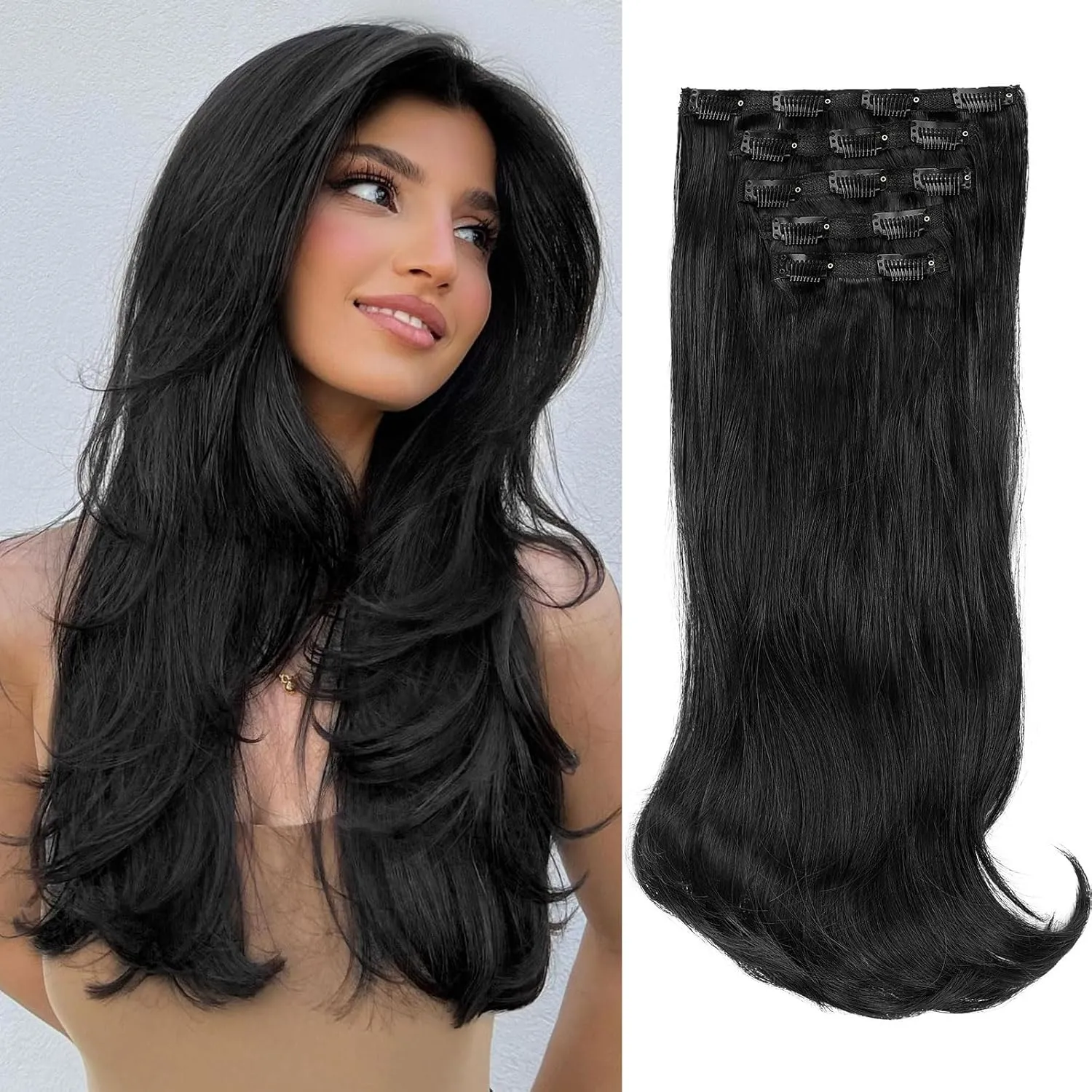 Lommel Hair Extensions, Black Hair Extensions for Women Long Stright Layered Hair Extension 20 Inch Synthetic Thick Invisible Lace Weft Hair Extension for Women(Black)