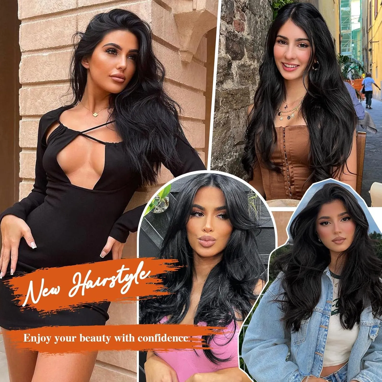 Lommel Hair Extensions, Black Hair Extensions for Women Long Stright Layered Hair Extension 20 Inch Synthetic Thick Invisible Lace Weft Hair Extension for Women(Black)