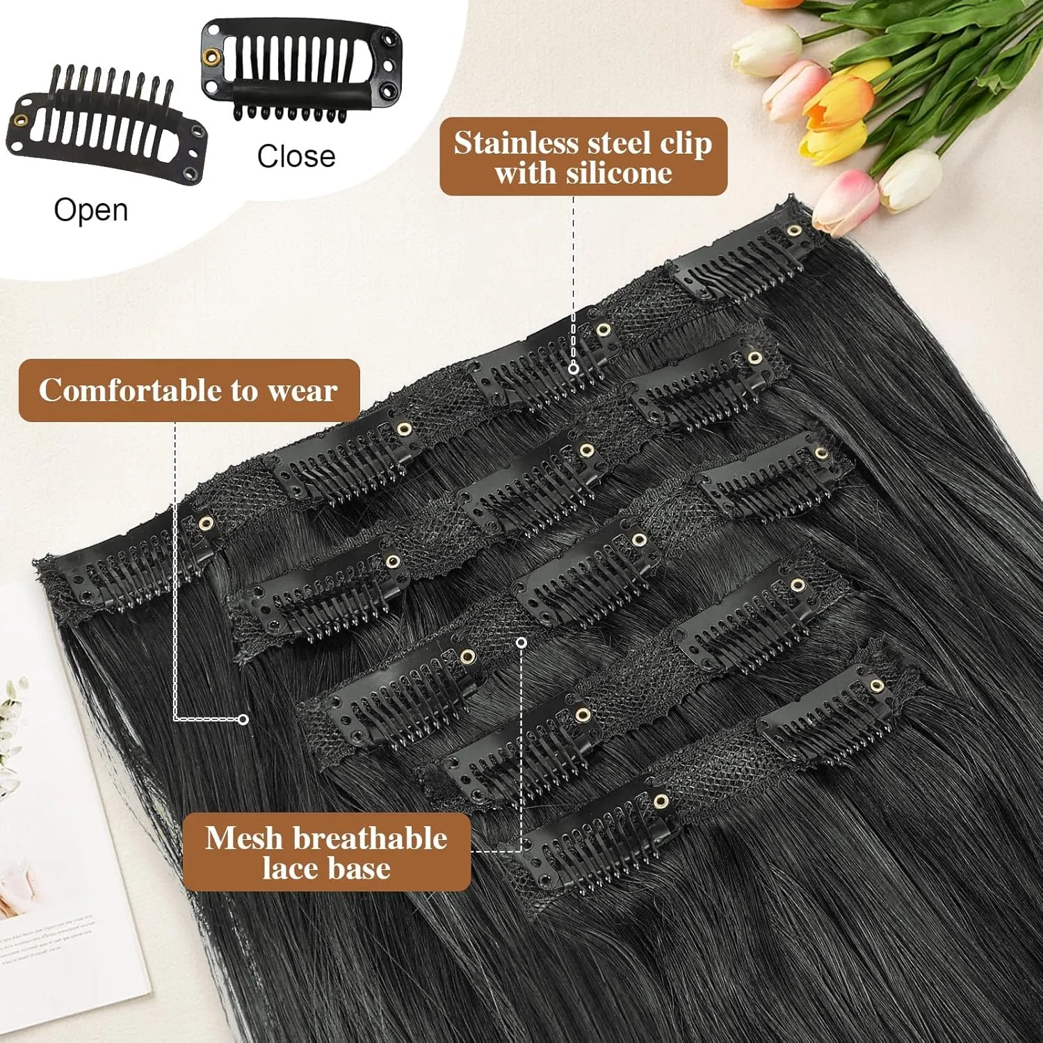 Lommel Hair Extensions, Black Hair Extensions for Women Long Stright Layered Hair Extension 20 Inch Synthetic Thick Invisible Lace Weft Hair Extension for Women(Black)