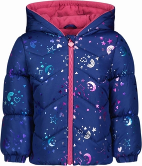 LONDON FOG Baby Girl's Quilted Winter Puffer Jacket with Fleece Hat, Navy, 24MO