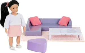 Lori Yuni's Cozy Sofa Set Mini Doll & Living Room Furniture 6-inch Doll & Dollhouse Accessories Sofa, Pouffe, Table, Rug, Pillows Play Set for Kids 3 Years  