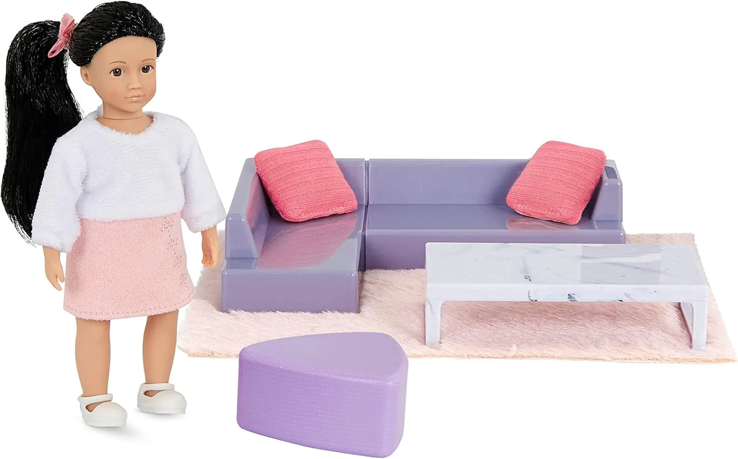 Lori Yuni's Cozy Sofa Set Mini Doll & Living Room Furniture 6-inch Doll & Dollhouse Accessories Sofa, Pouffe, Table, Rug, Pillows Play Set for Kids 3 Years  