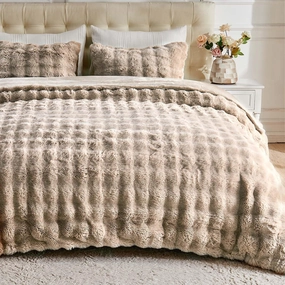Lotus Karen Fuzzy Fluffy Comforter Queen Set - Rabbit Fluff Faux Fur Duvet Cover Linen Plush Fuzzy Furry Bedding Sets 3Pieces(1 Duvet Cover & 2 Pillow Shams) Zipper