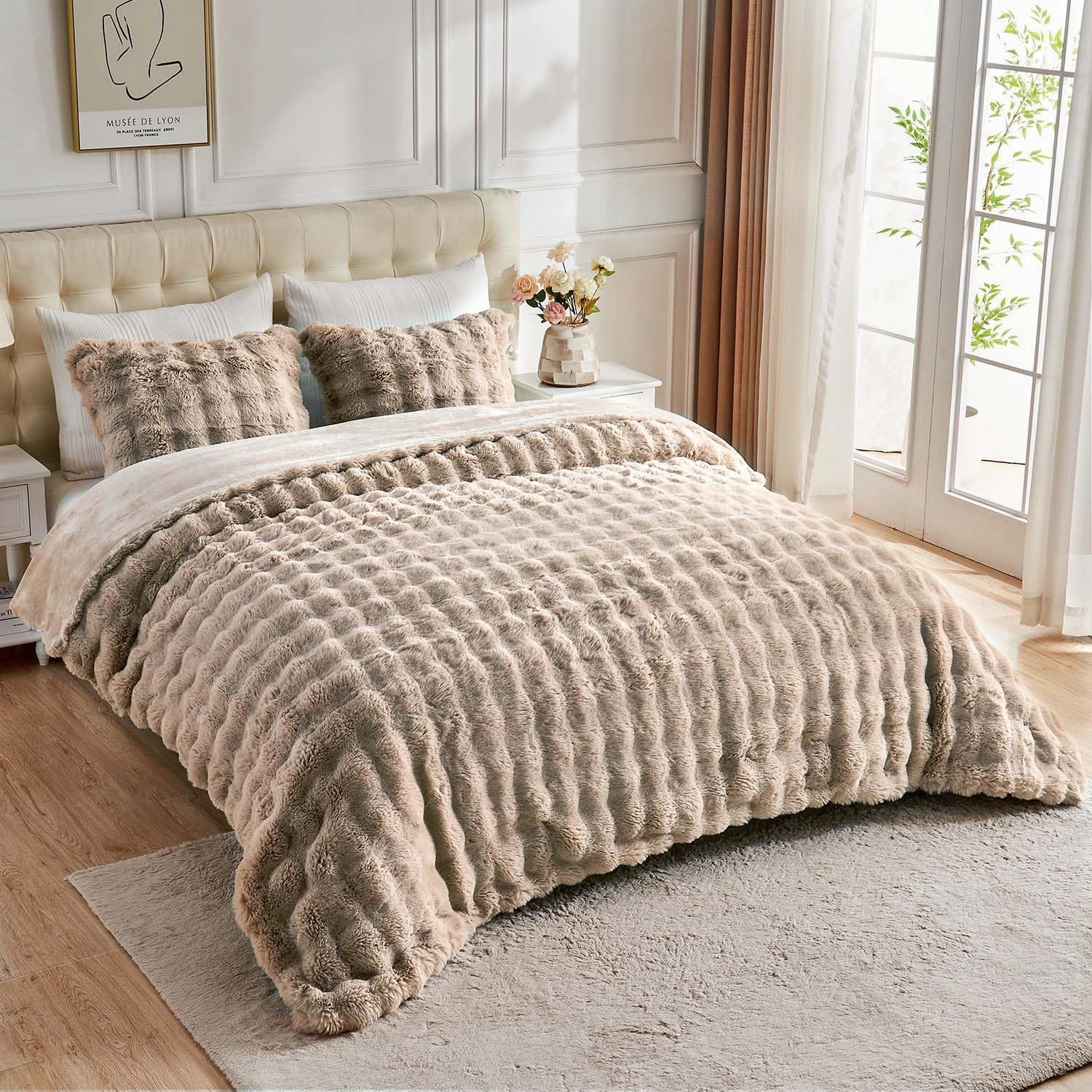 Lotus Karen Fuzzy Fluffy Comforter Queen Set - Rabbit Fluff Faux Fur Duvet Cover Linen Plush Fuzzy Furry Bedding Sets 3Pieces(1 Duvet Cover & 2 Pillow Shams) Zipper