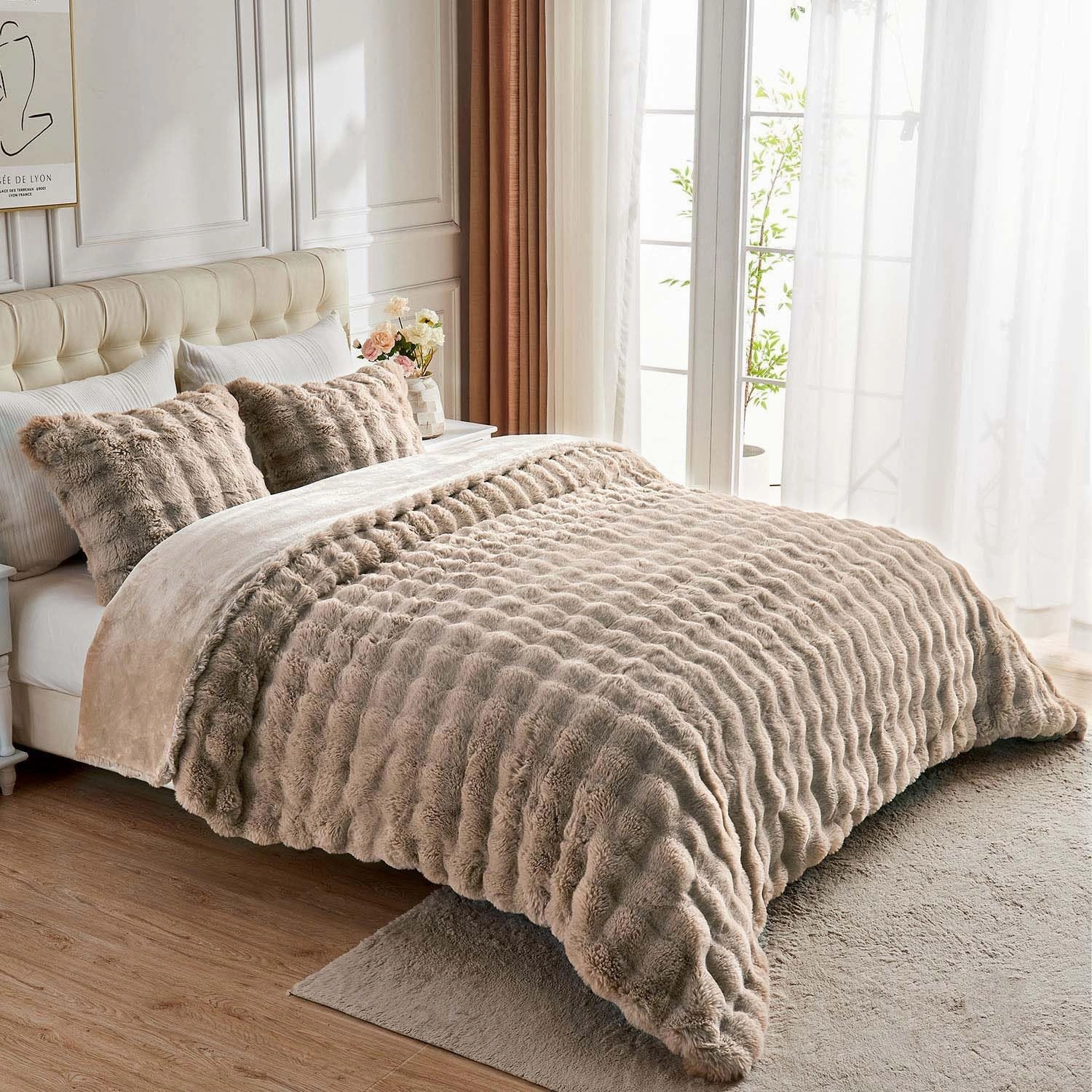 Lotus Karen Fuzzy Fluffy Comforter Queen Set - Rabbit Fluff Faux Fur Duvet Cover Linen Plush Fuzzy Furry Bedding Sets 3Pieces(1 Duvet Cover & 2 Pillow Shams) Zipper
