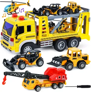 LovesTown Construction Truck Boy Toys for 3-5 Year Old Toddlers, with Lights and Sounds and Small Die-cast Engineering Trucks Helicopter Set, Kids Excavator Gifts Toys, for Boys and Girls
