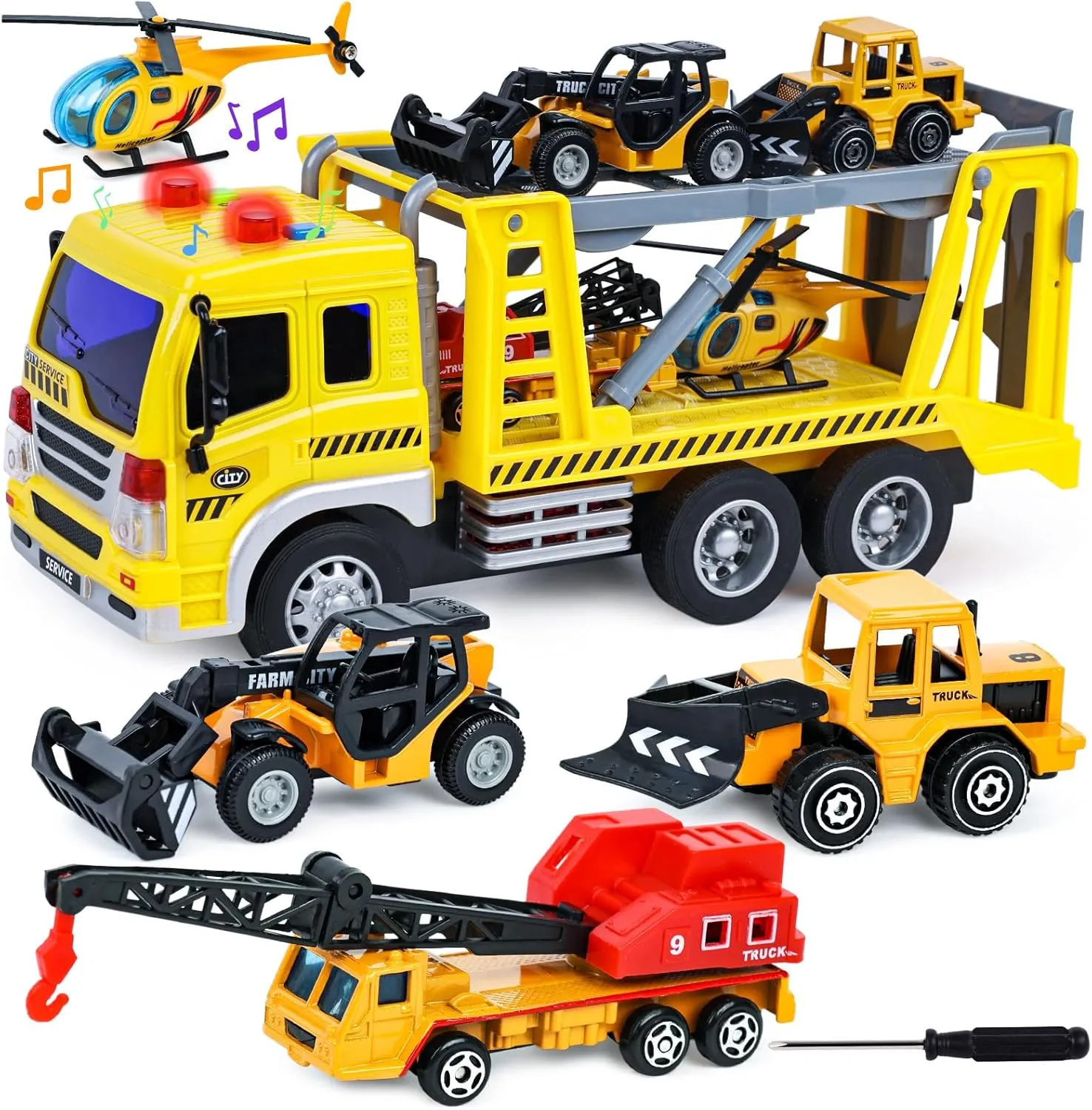 LovesTown Construction Truck Boy Toys for 3-5 Year Old Toddlers, with Lights and Sounds and Small Die-cast Engineering Trucks Helicopter Set, Kids Excavator Gifts Toys, for Boys and Girls