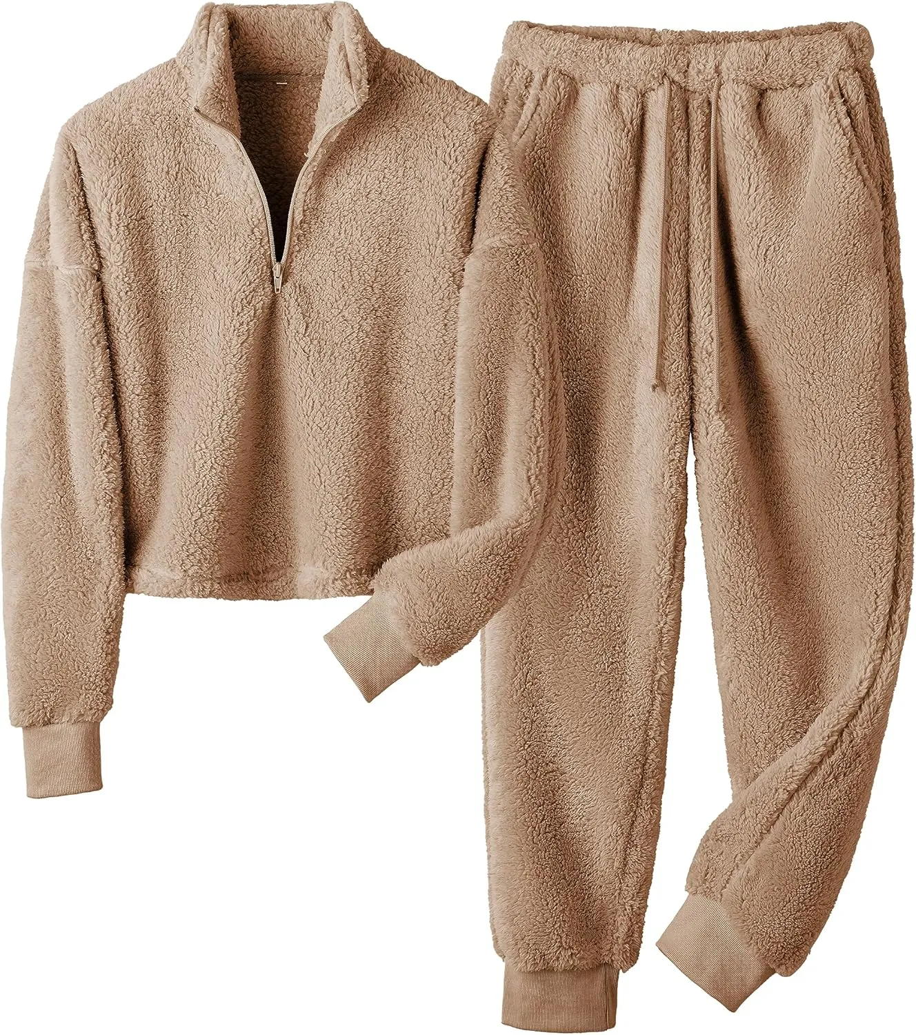 LTSCNRM Womens Fuzzy Pajamas Sets Lounge Fluffy Fleece Sleepwear Zip Up Pullover Pockets