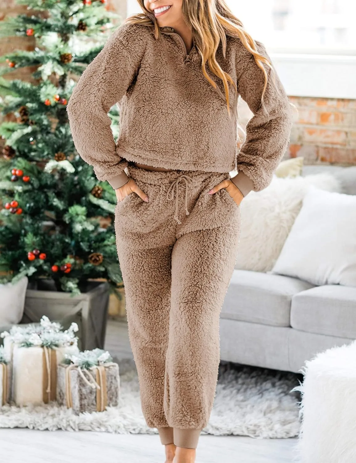LTSCNRM Womens Fuzzy Pajamas Sets Lounge Fluffy Fleece Sleepwear Zip Up Pullover Pockets