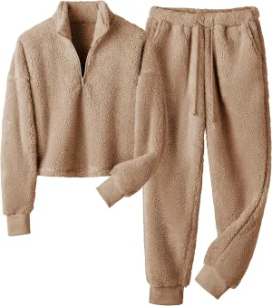 LTSCNRM Womens Fuzzy Pajamas Sets Lounge Fluffy Fleece Sleepwear Zip Up Pullover Pockets