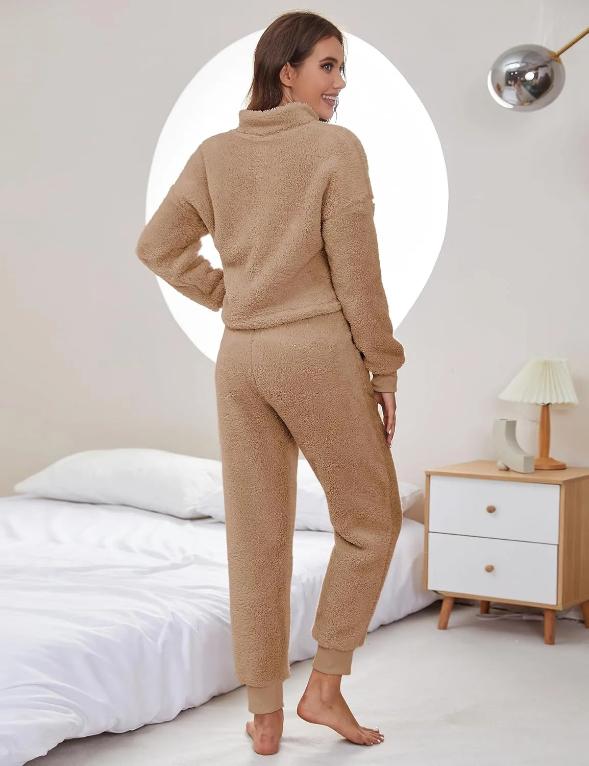 LTSCNRM Womens Fuzzy Pajamas Sets Lounge Fluffy Fleece Sleepwear Zip Up Pullover Pockets